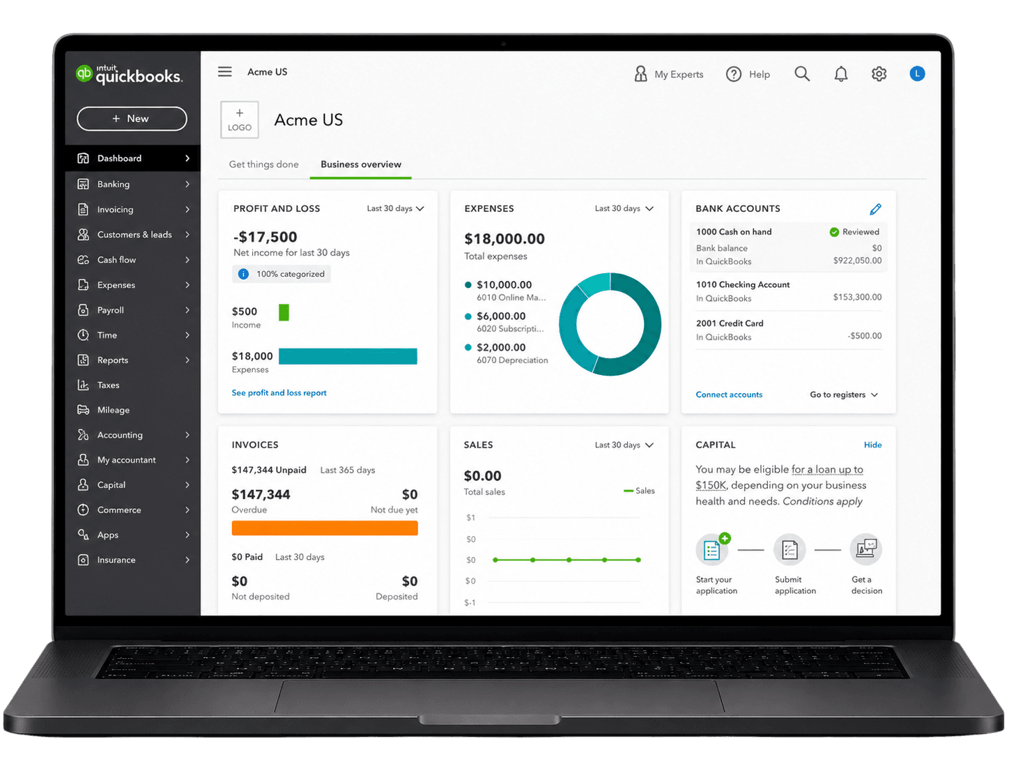 QuickBooks accounting dashboard
